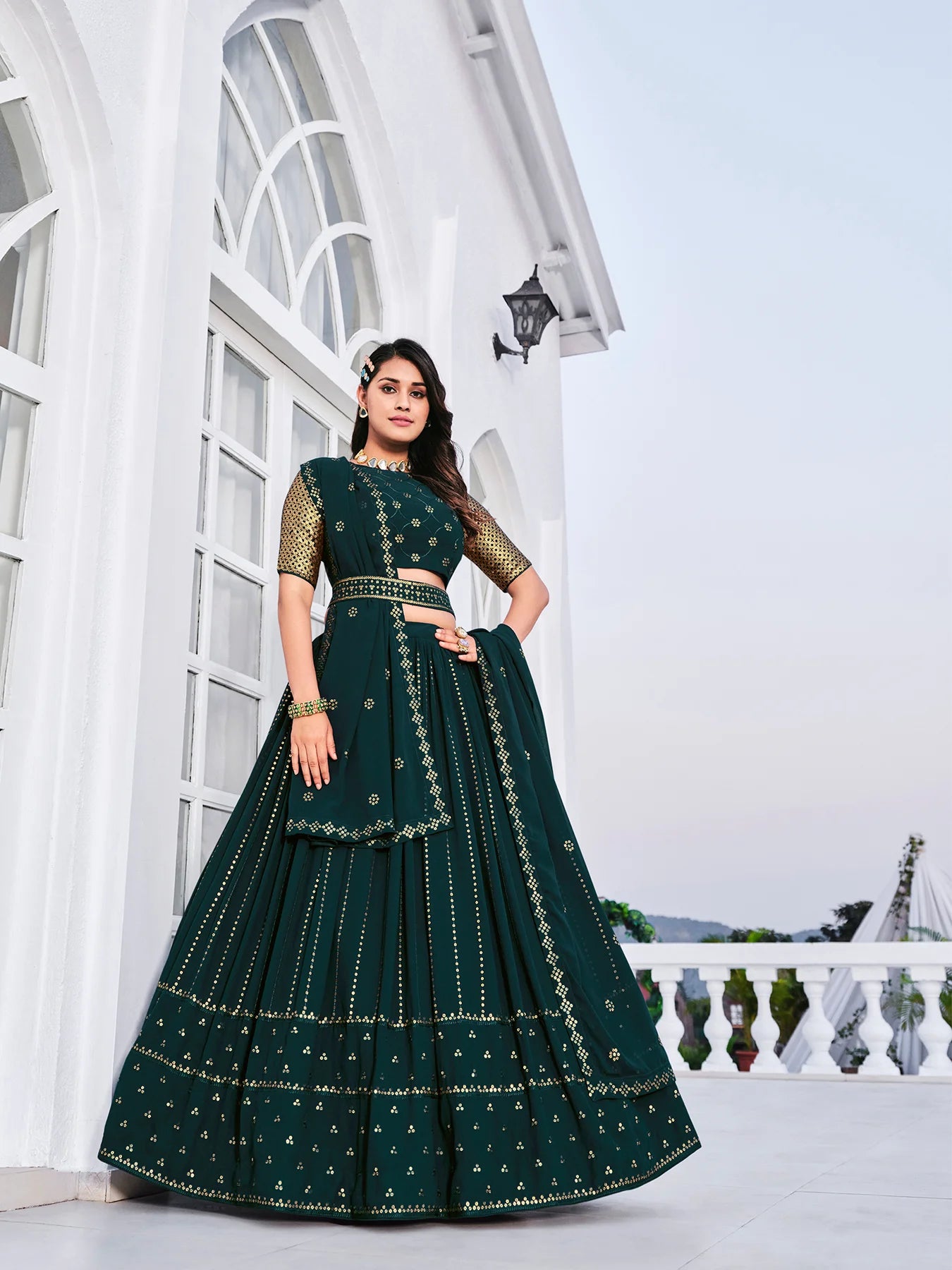 Designer Georgette Teal Green Lehenga Choli Set