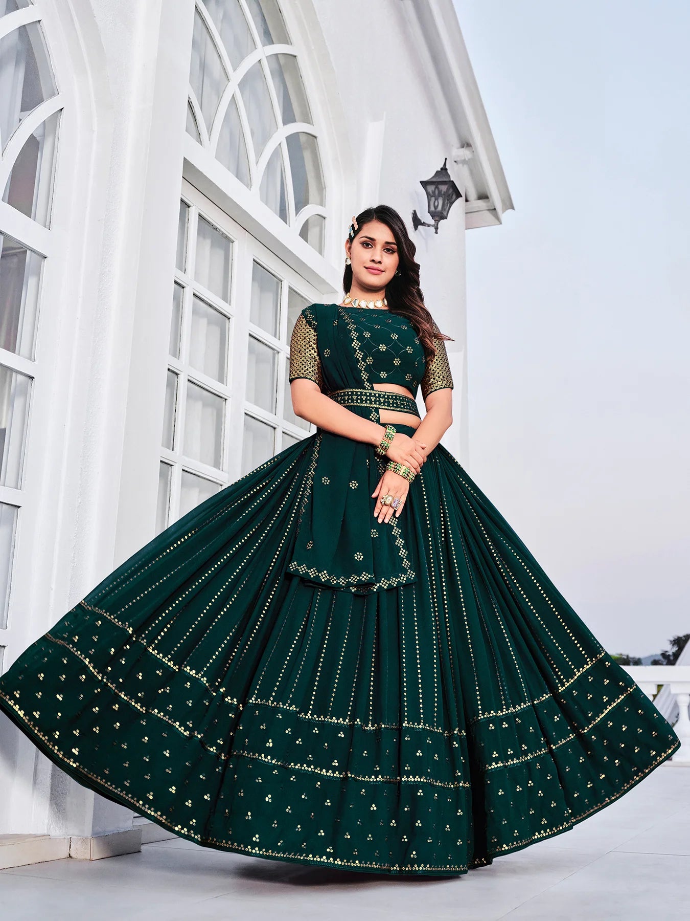 Designer Georgette Teal Green Lehenga Choli Set