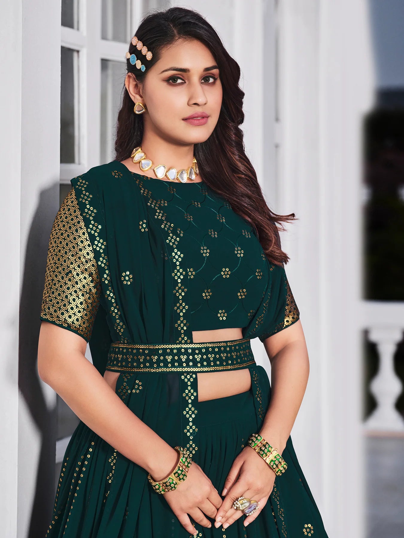 Designer Georgette Teal Green Lehenga Choli Set