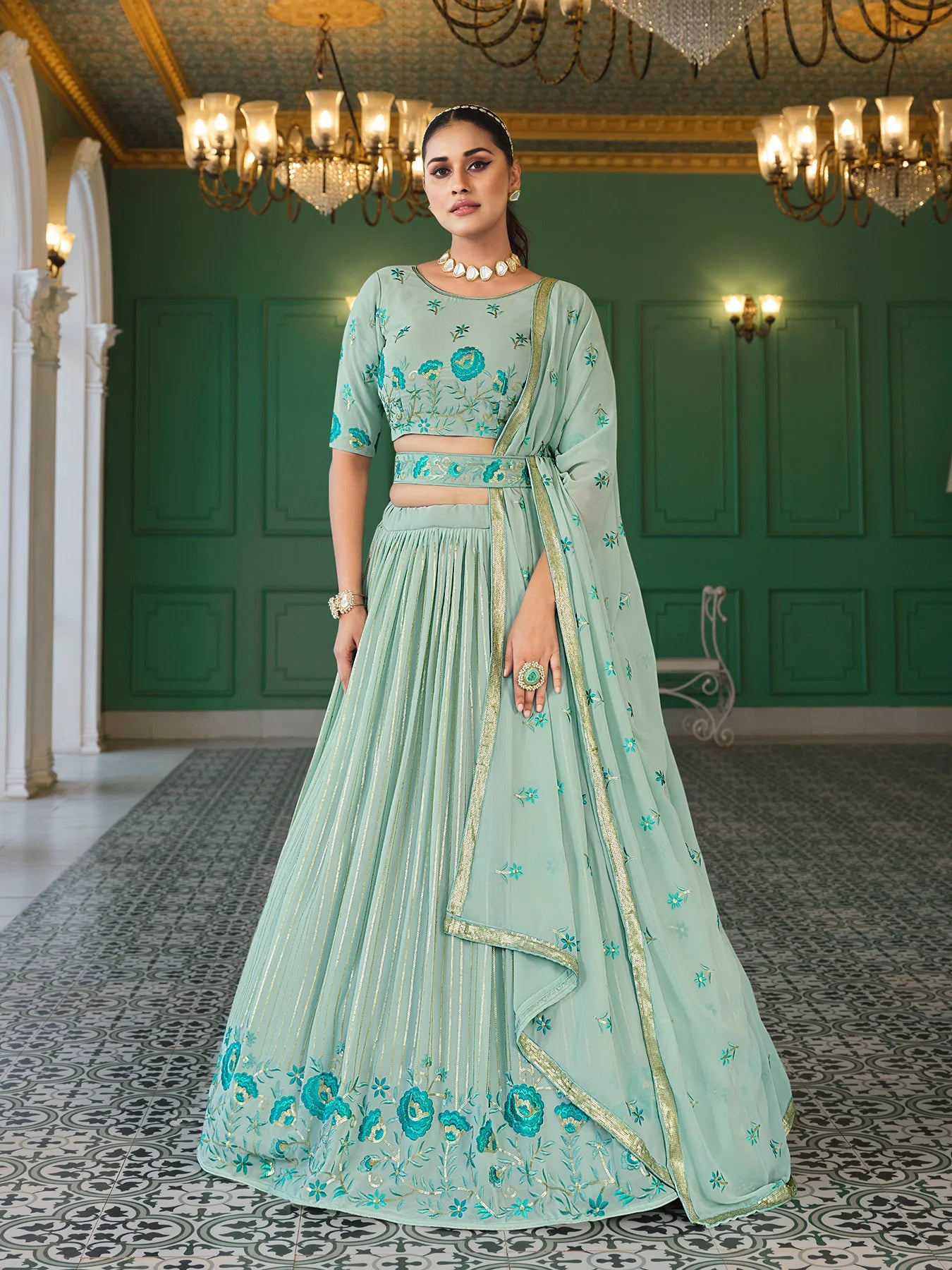 Pista Green Lehenga with Dupatta for Bridal Wear