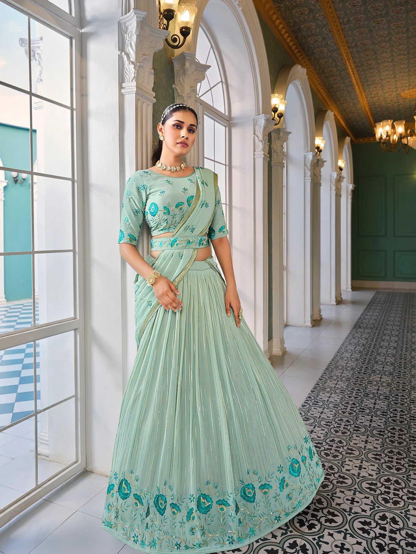 Pista Green Lehenga with Dupatta for Bridal Wear