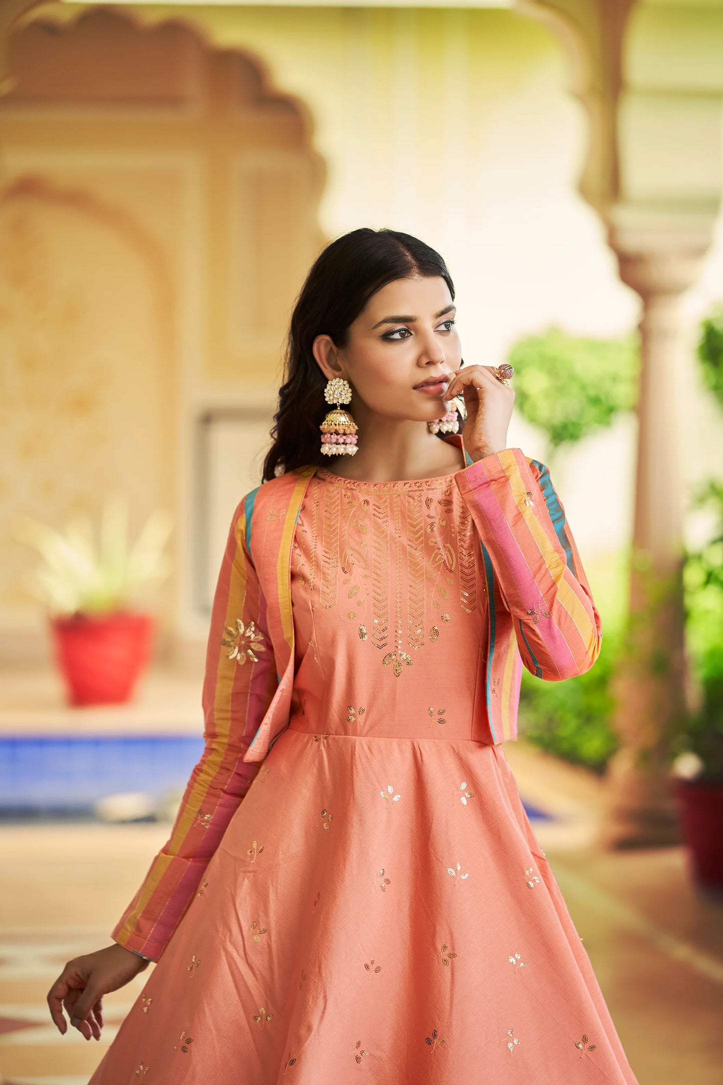 Festive Peach Gown with Shibori Print Embroidery