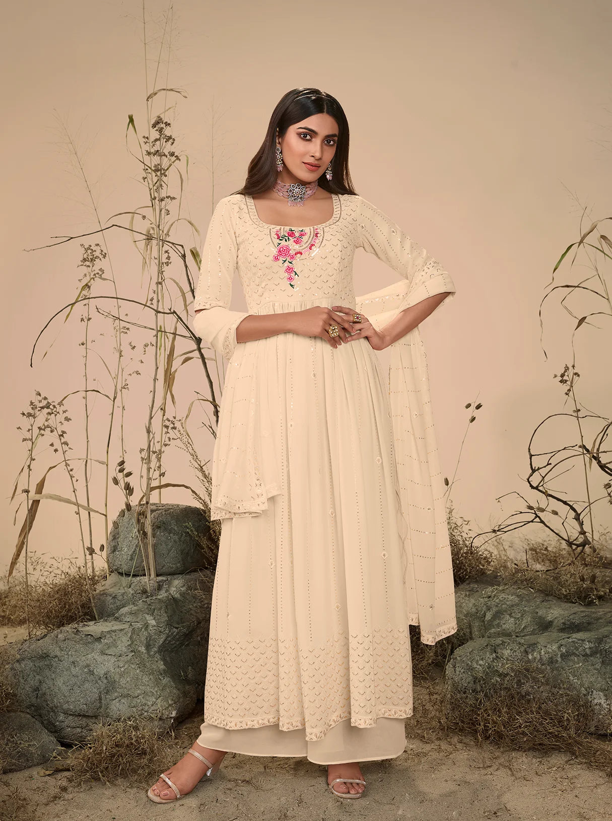 Designer Off White Palazzo Suit with Embroidery Work