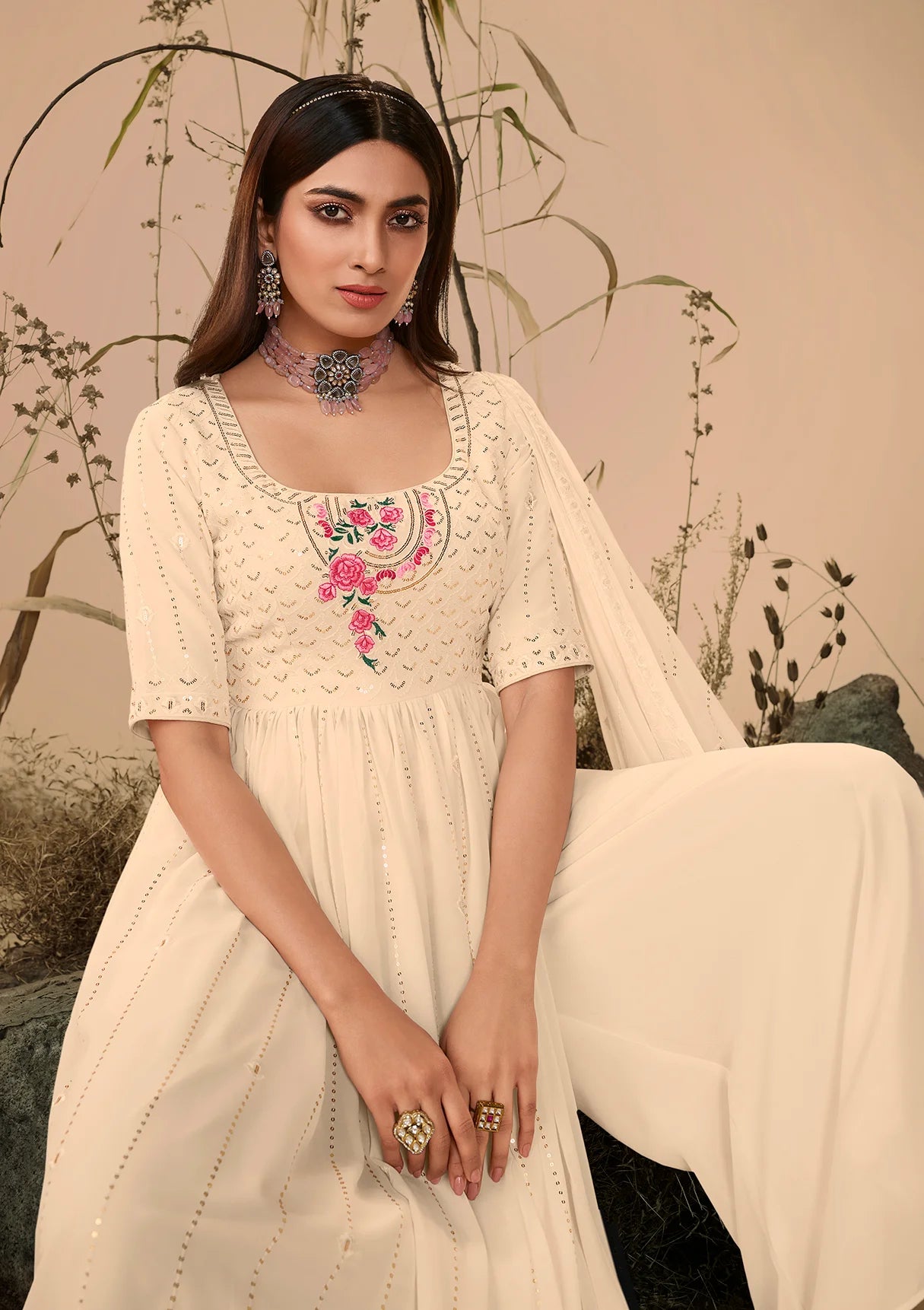 Designer Off White Palazzo Suit with Embroidery Work