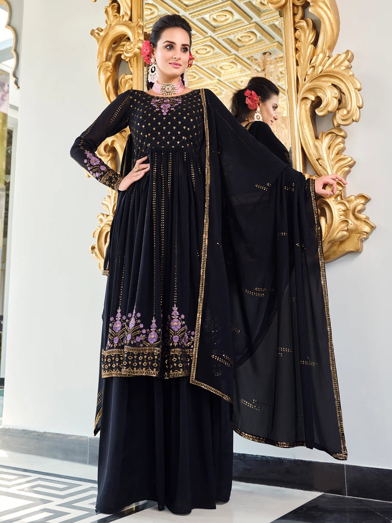 Designer Dark Blue Salwar Suit with Palazzo Set
