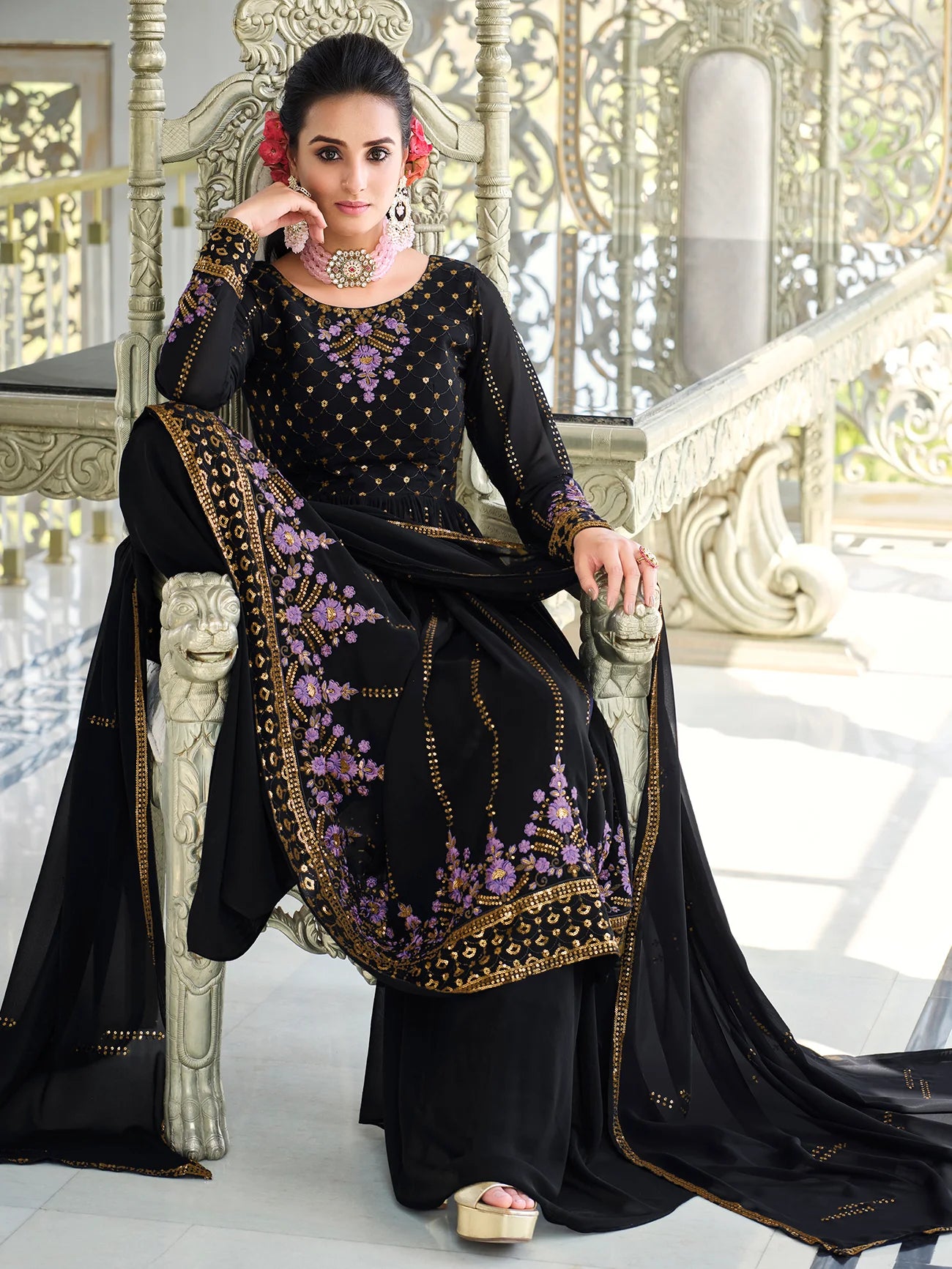 Designer Dark Blue Salwar Suit with Palazzo Set