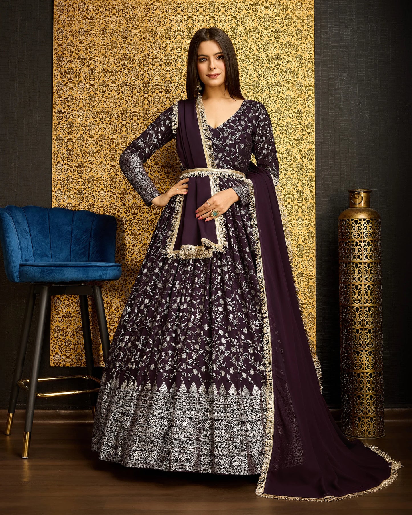 Purple Gown with Embroidered Dupatta