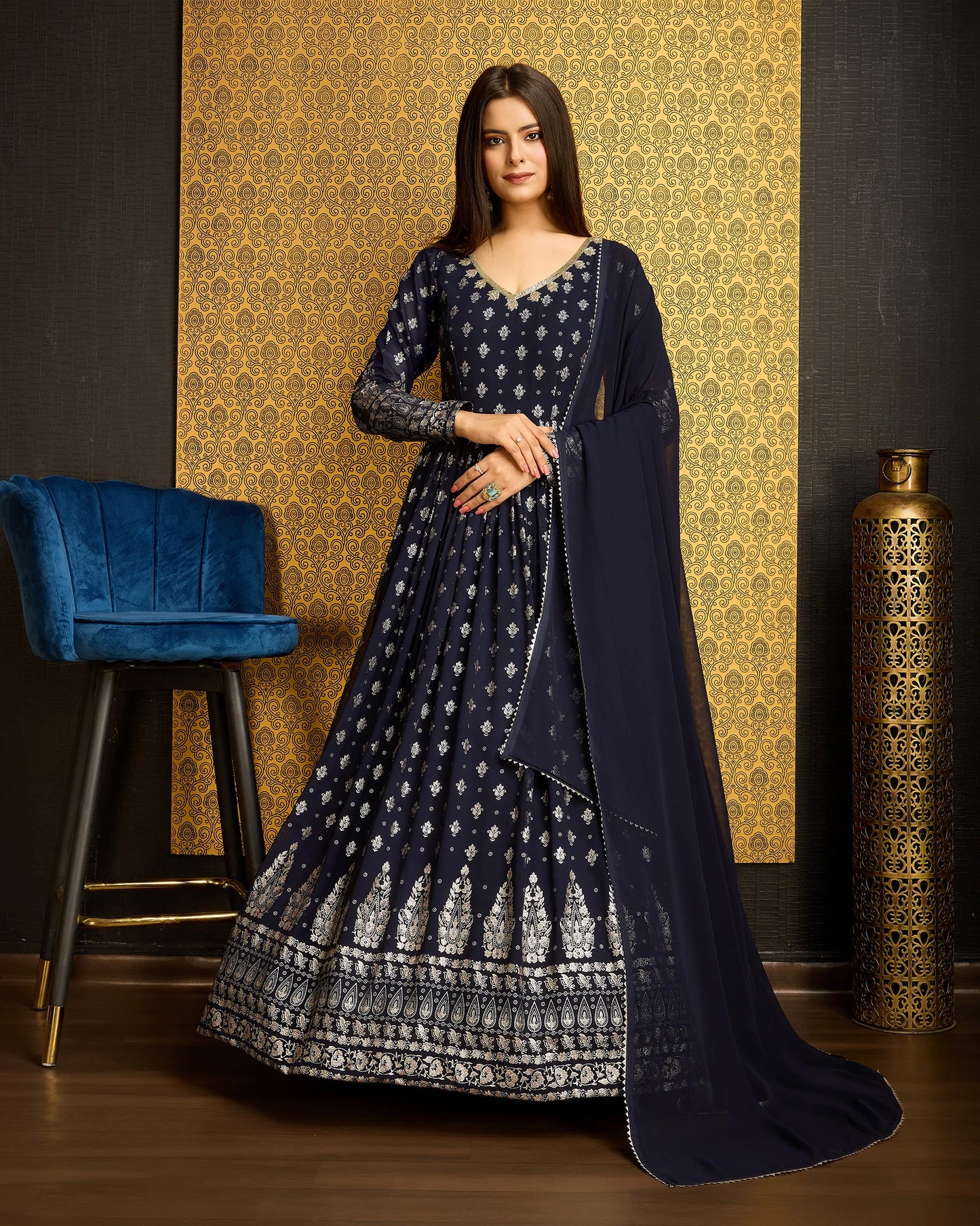 Gorgeous Navy Blue Gown with Thread Sequence Work Dupatta