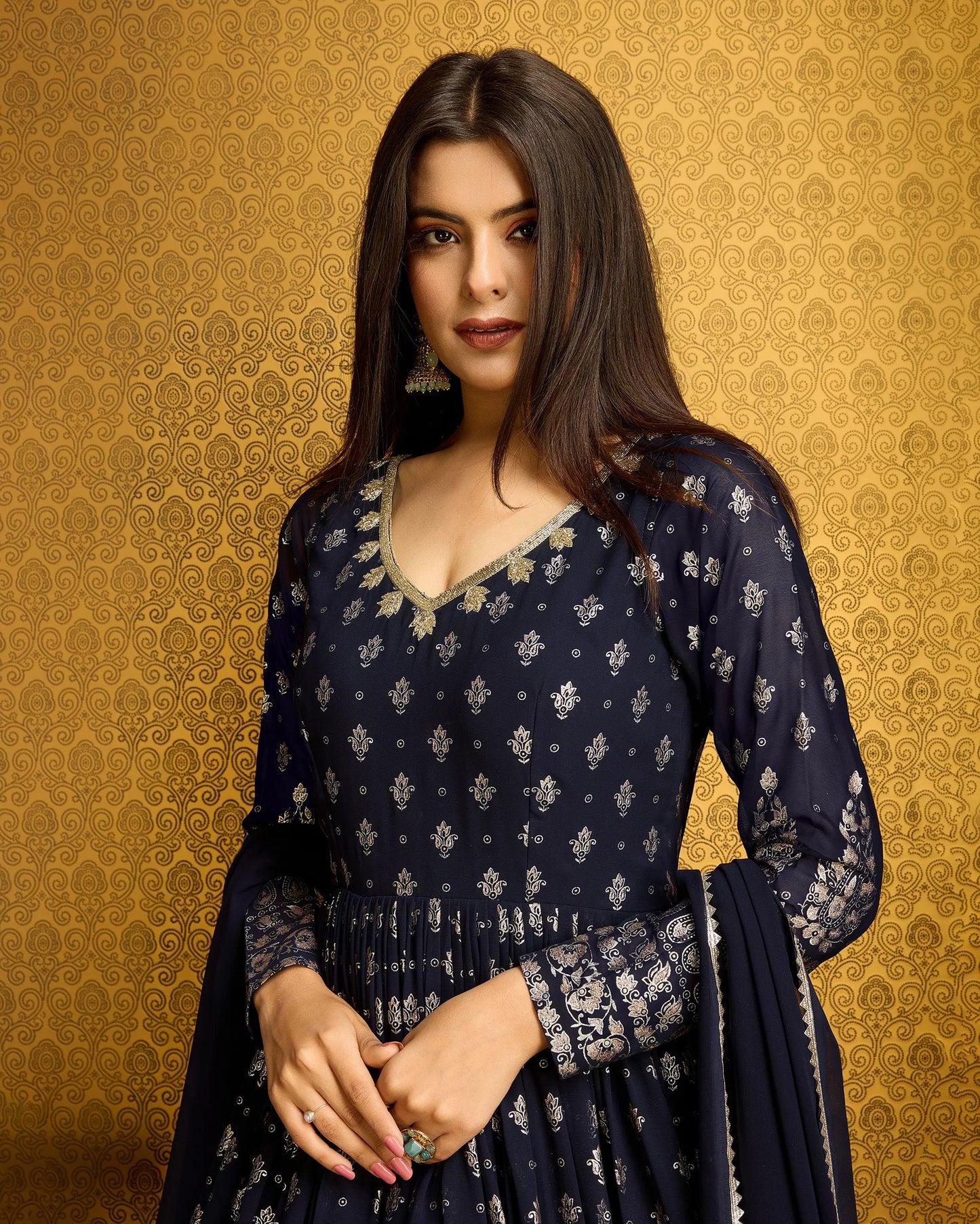 Gorgeous Navy Blue Gown with Thread Sequence Work Dupatta