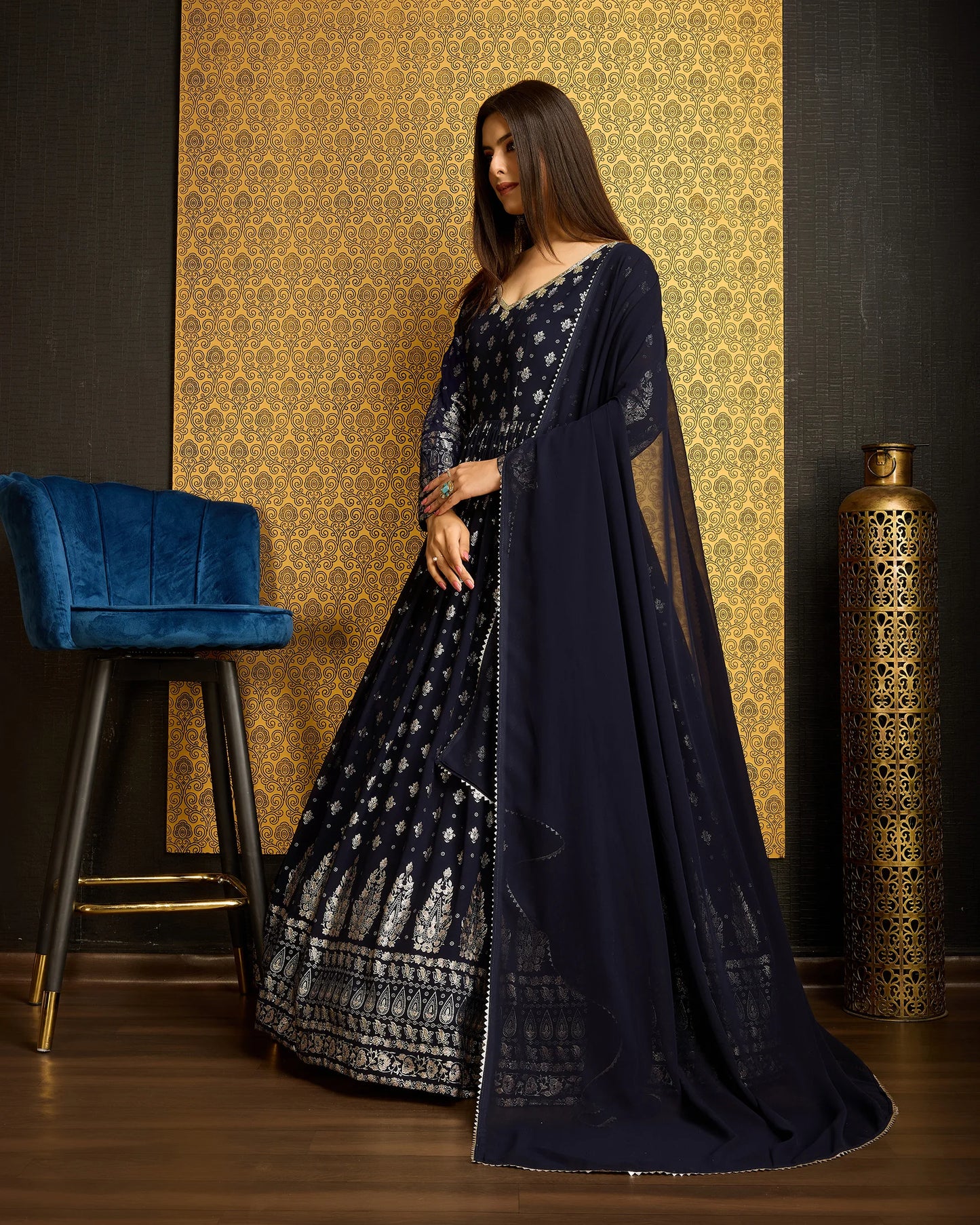 Gorgeous Navy Blue Gown with Thread Sequence Work Dupatta