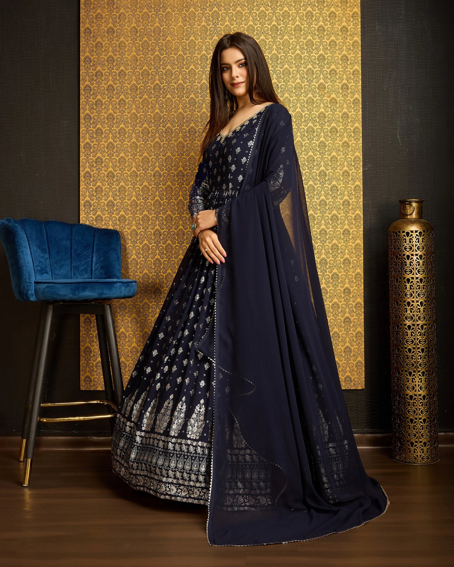 Gorgeous Navy Blue Gown with Thread Sequence Work Dupatta