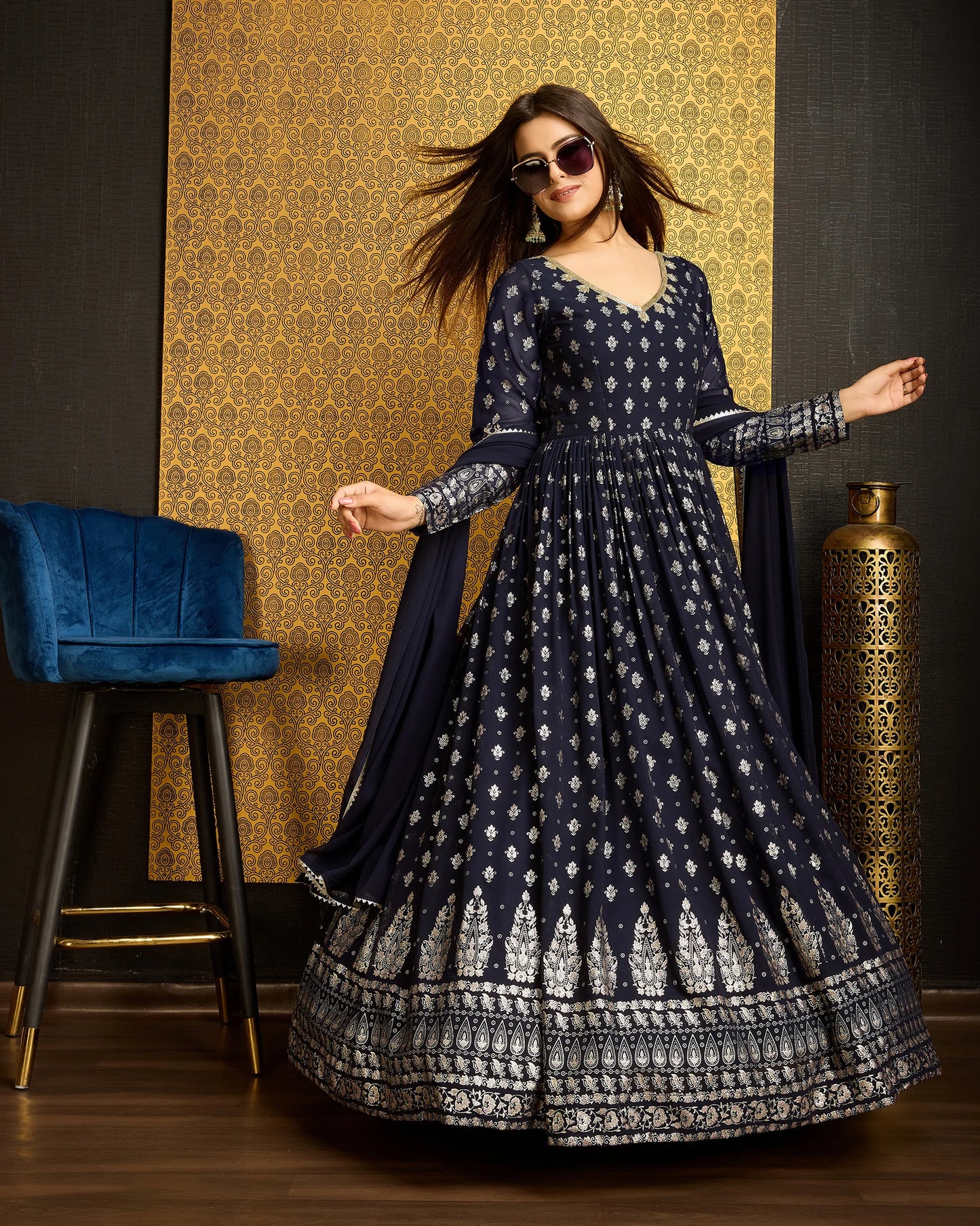 Gorgeous Navy Blue Gown with Thread Sequence Work Dupatta