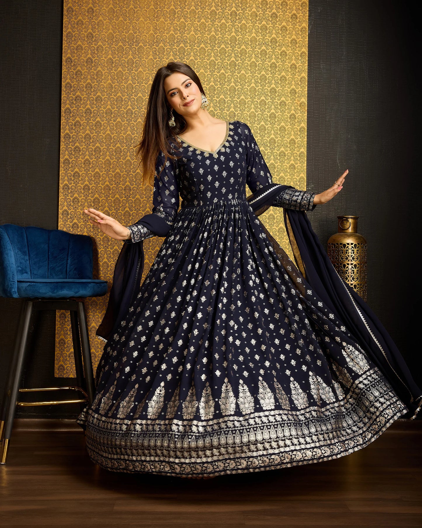 Gorgeous Navy Blue Gown with Thread Sequence Work Dupatta