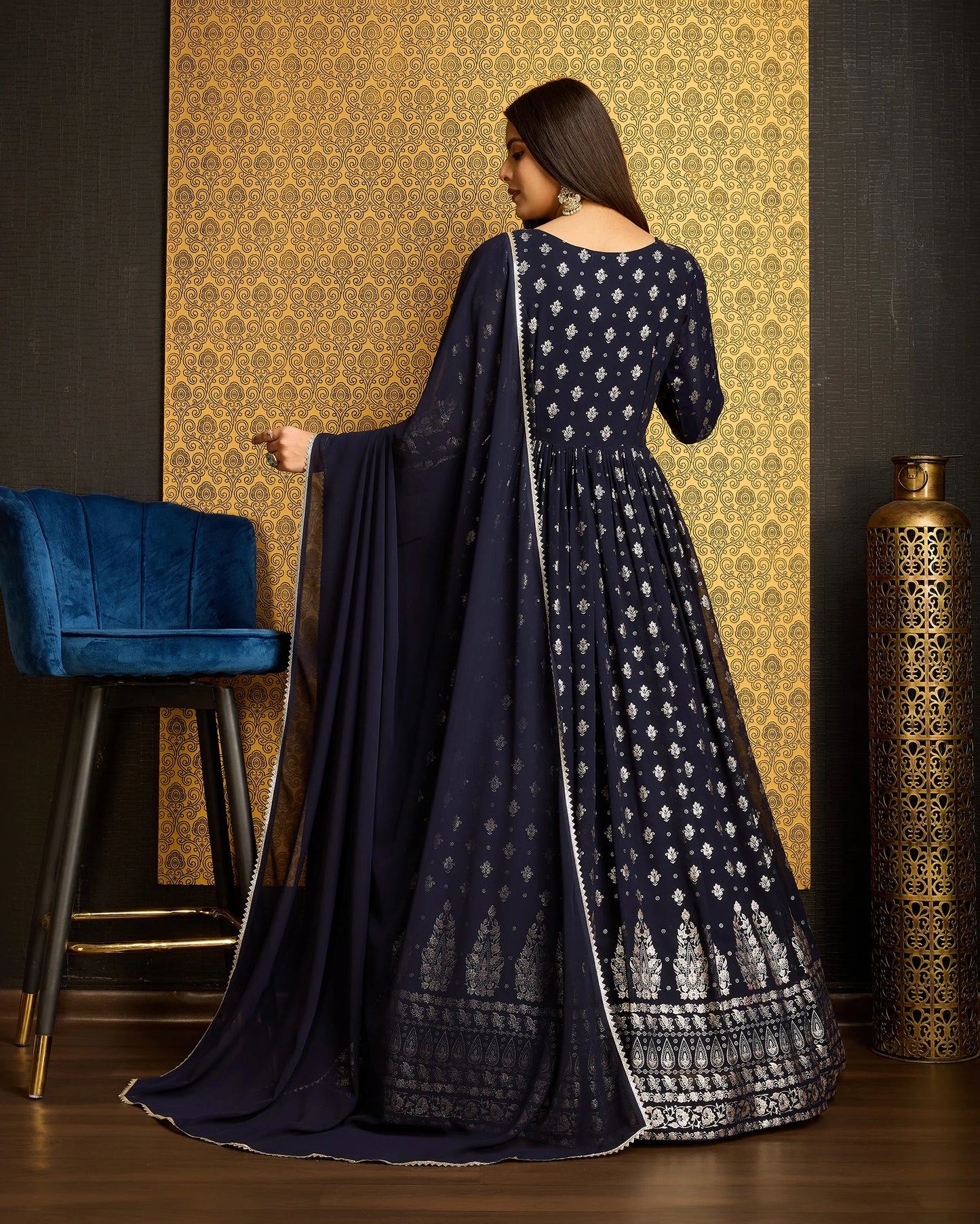 Gorgeous Navy Blue Gown with Thread Sequence Work Dupatta