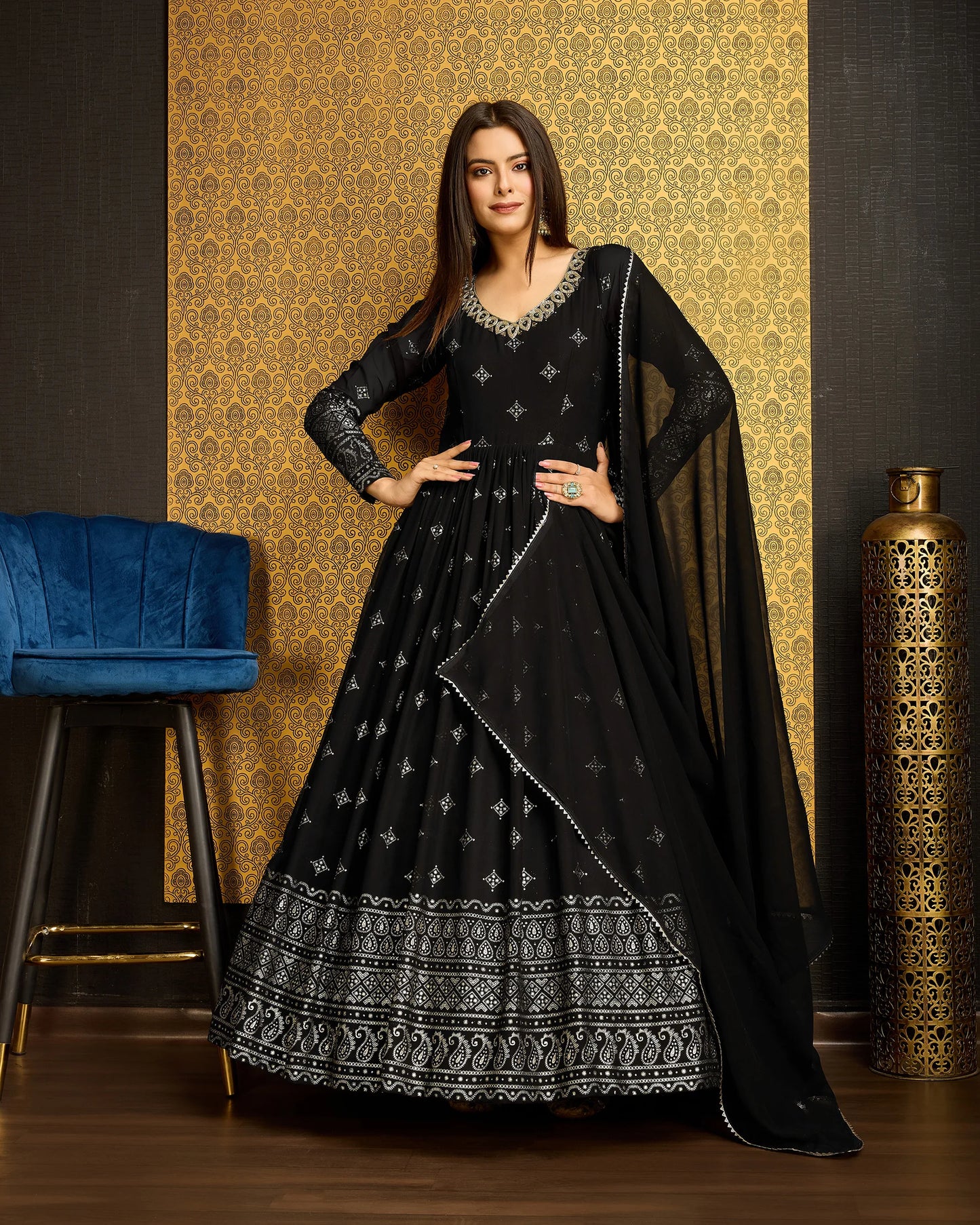 Festive Black Georgette Gown with Elegant Handwork