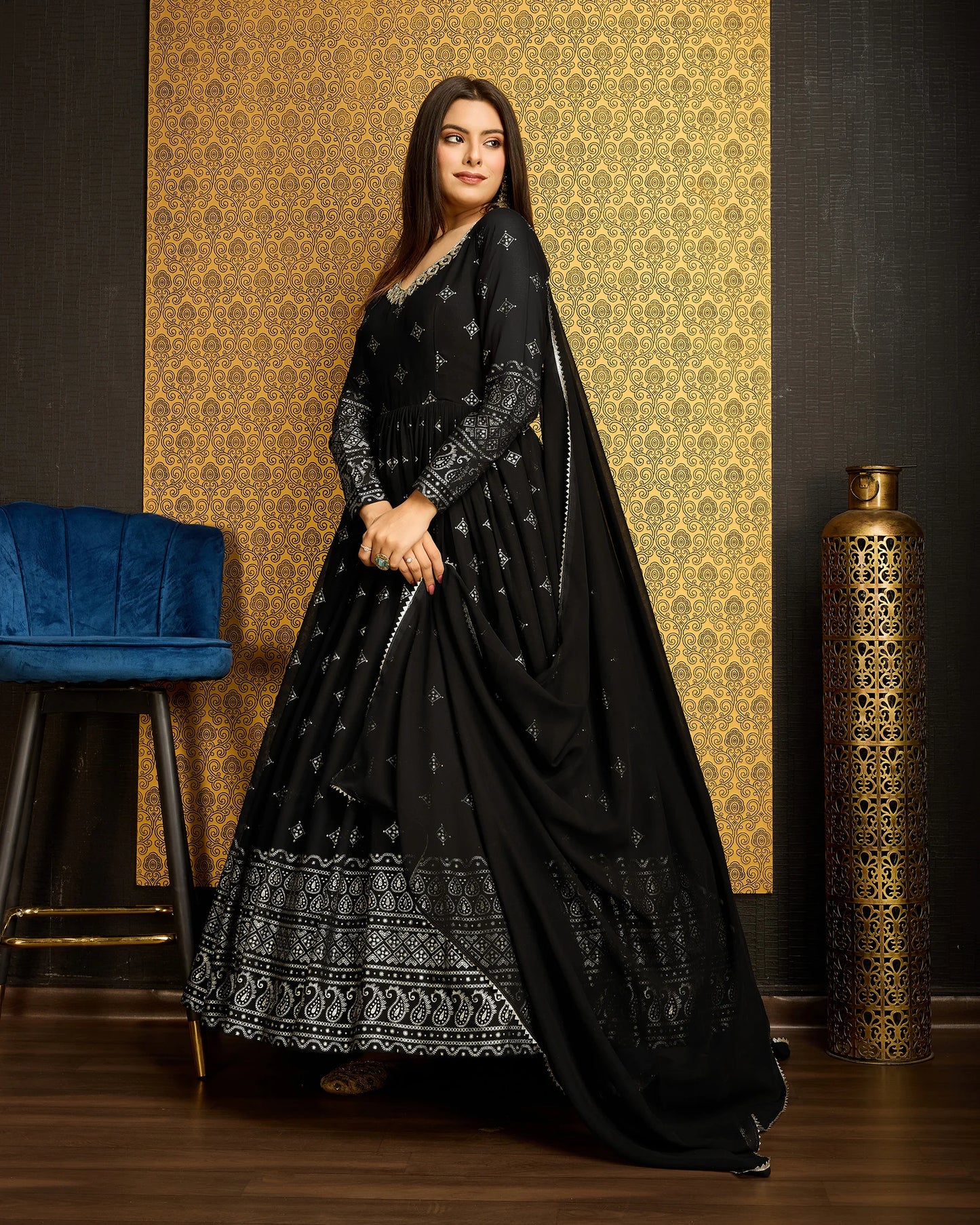 Festive Black Georgette Gown with Elegant Handwork
