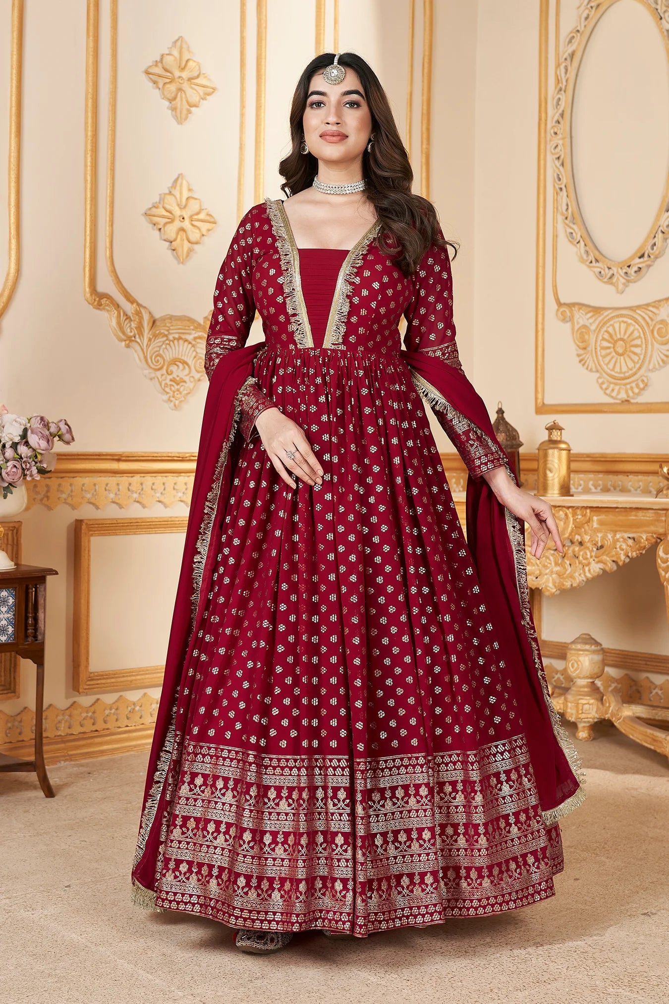 Red faux georgette gown