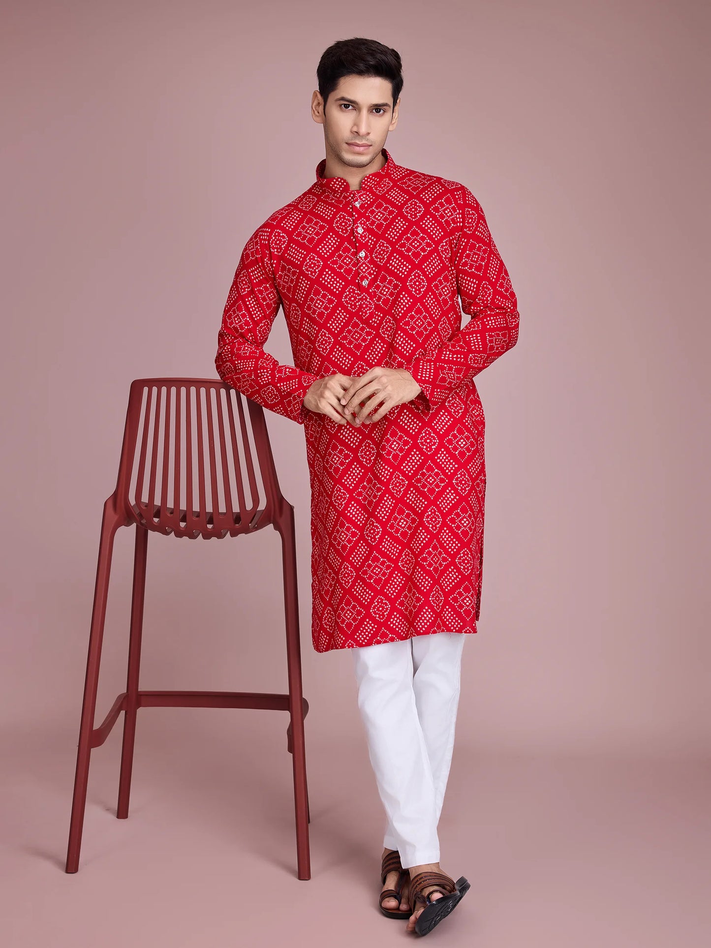 Red Rayon Men's Kurta