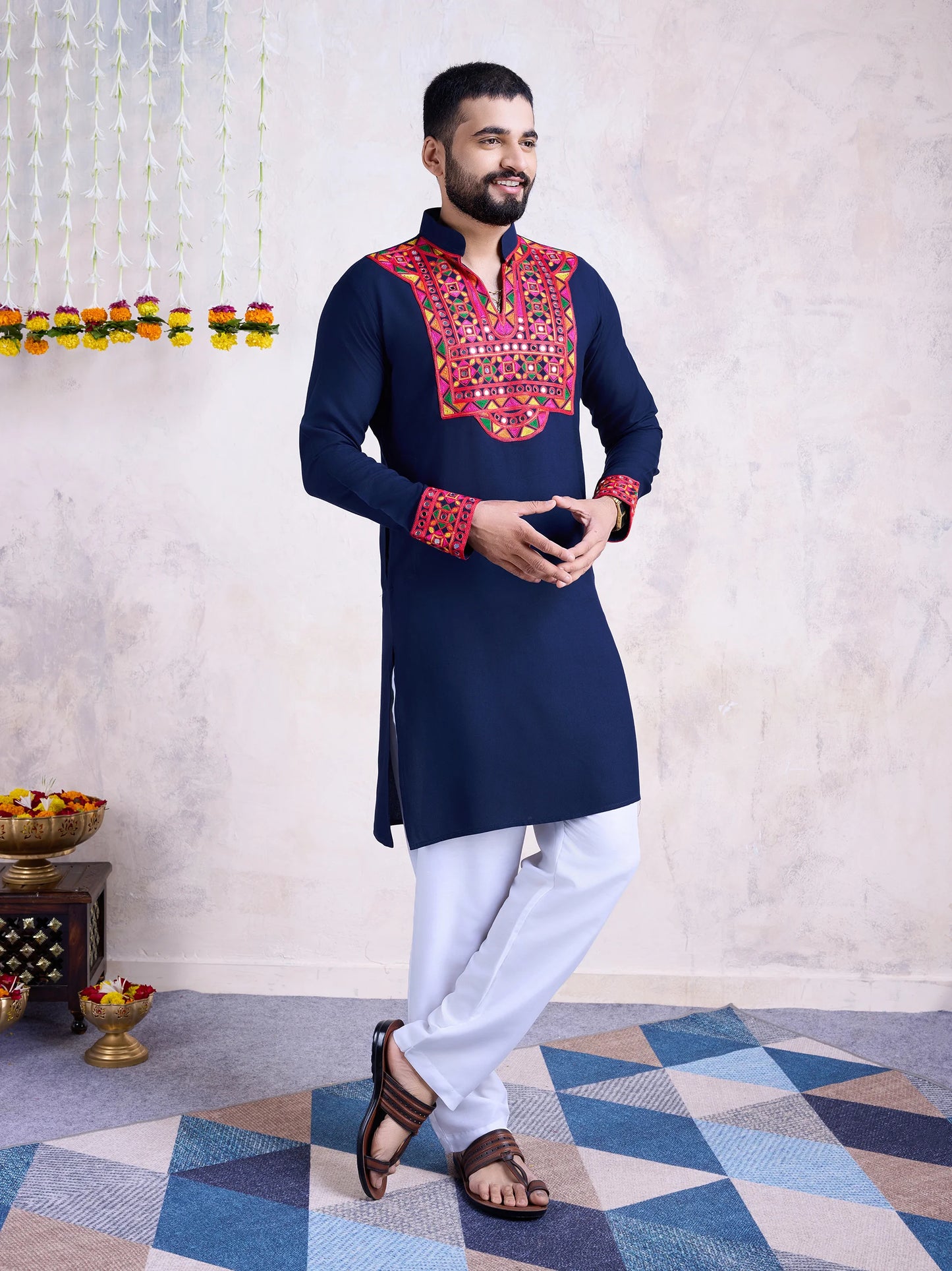 Embroidered Navy Kurta for Men