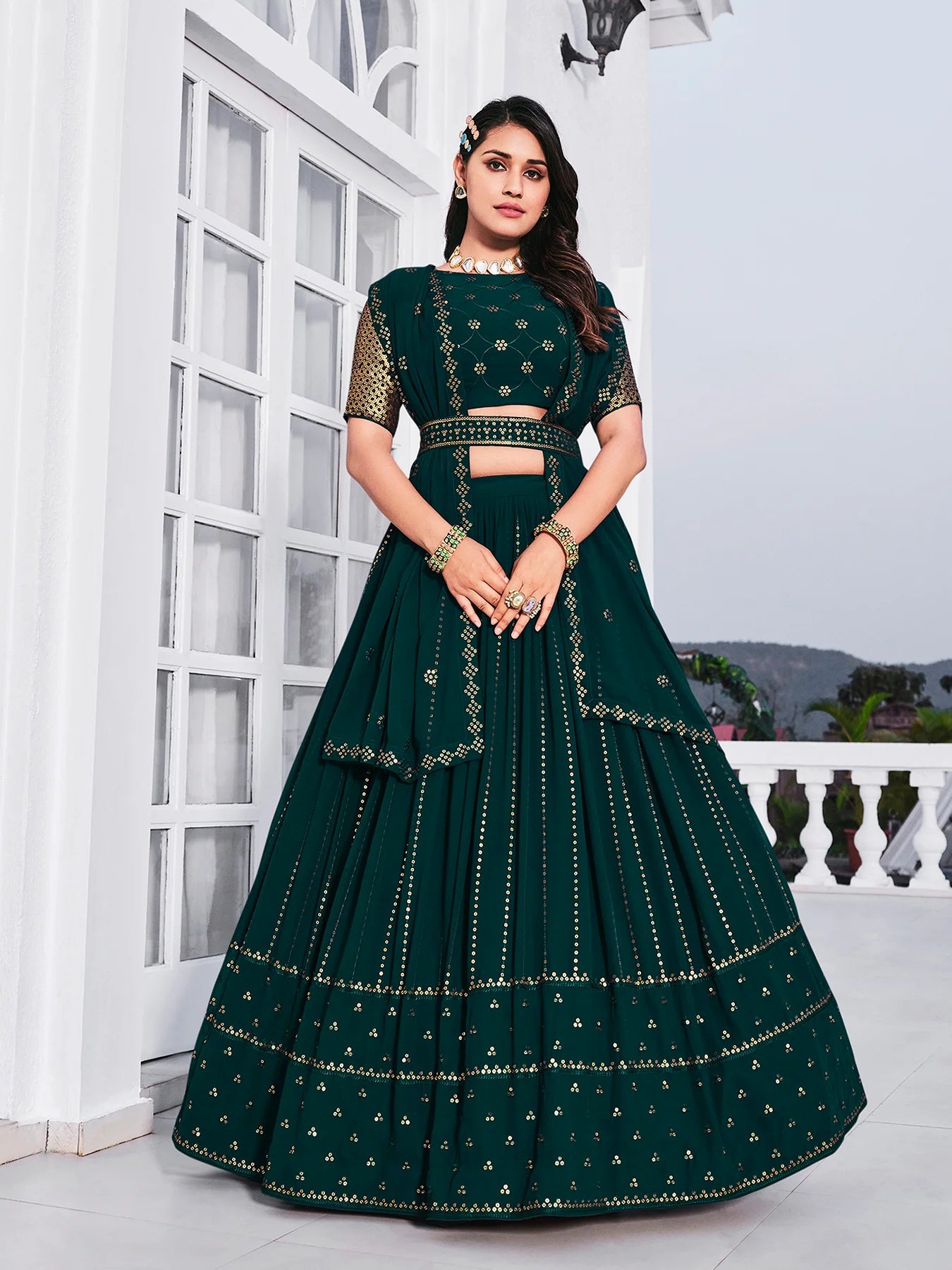 Designer Georgette Teal Green Lehenga Choli Set