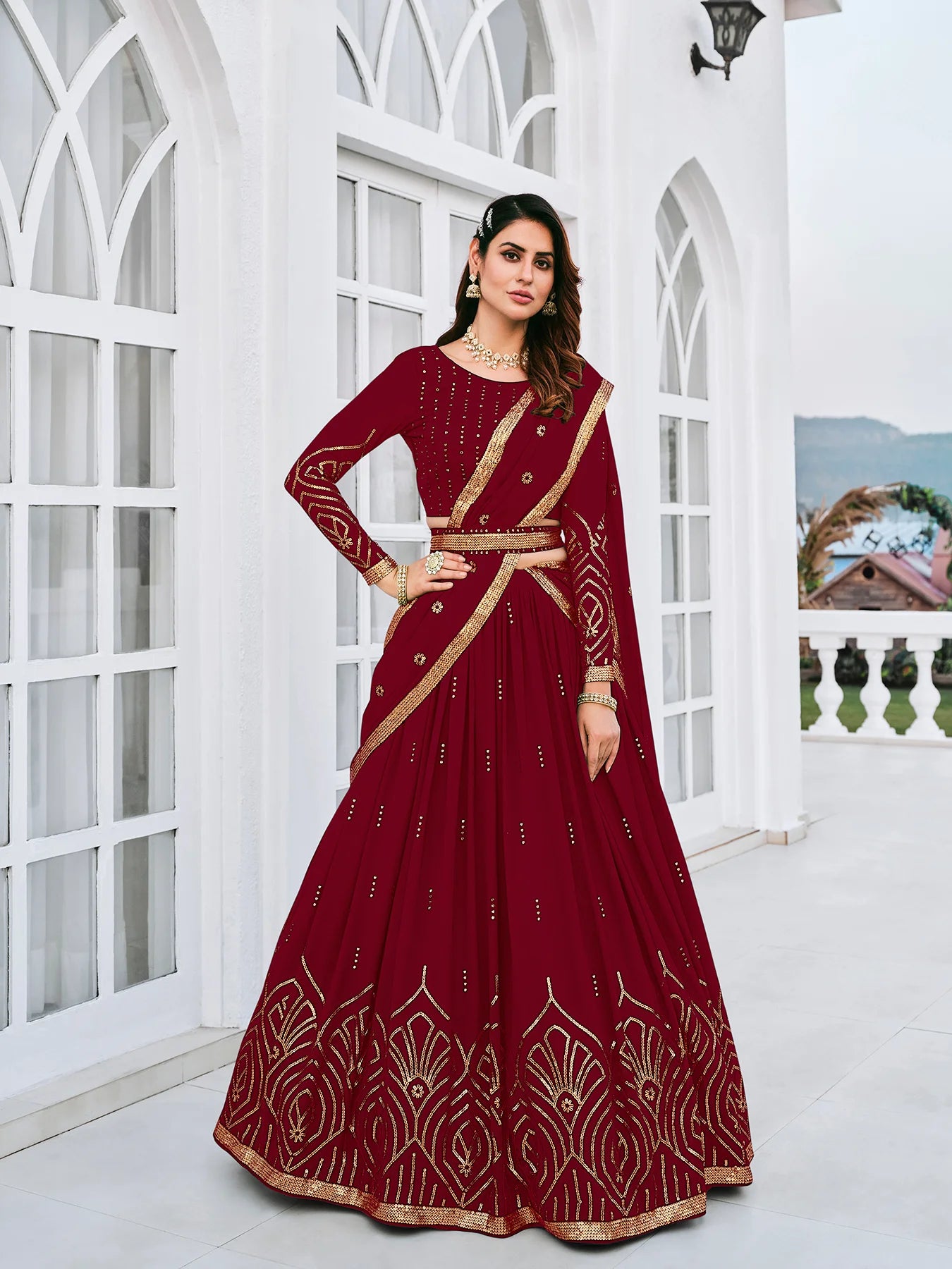 Maroon Georgette Lehenga