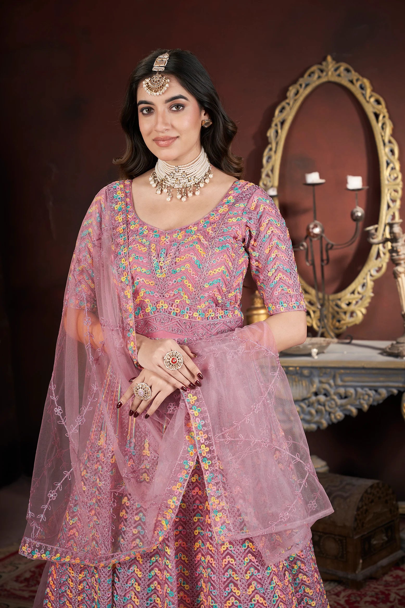 Embroidered net gown