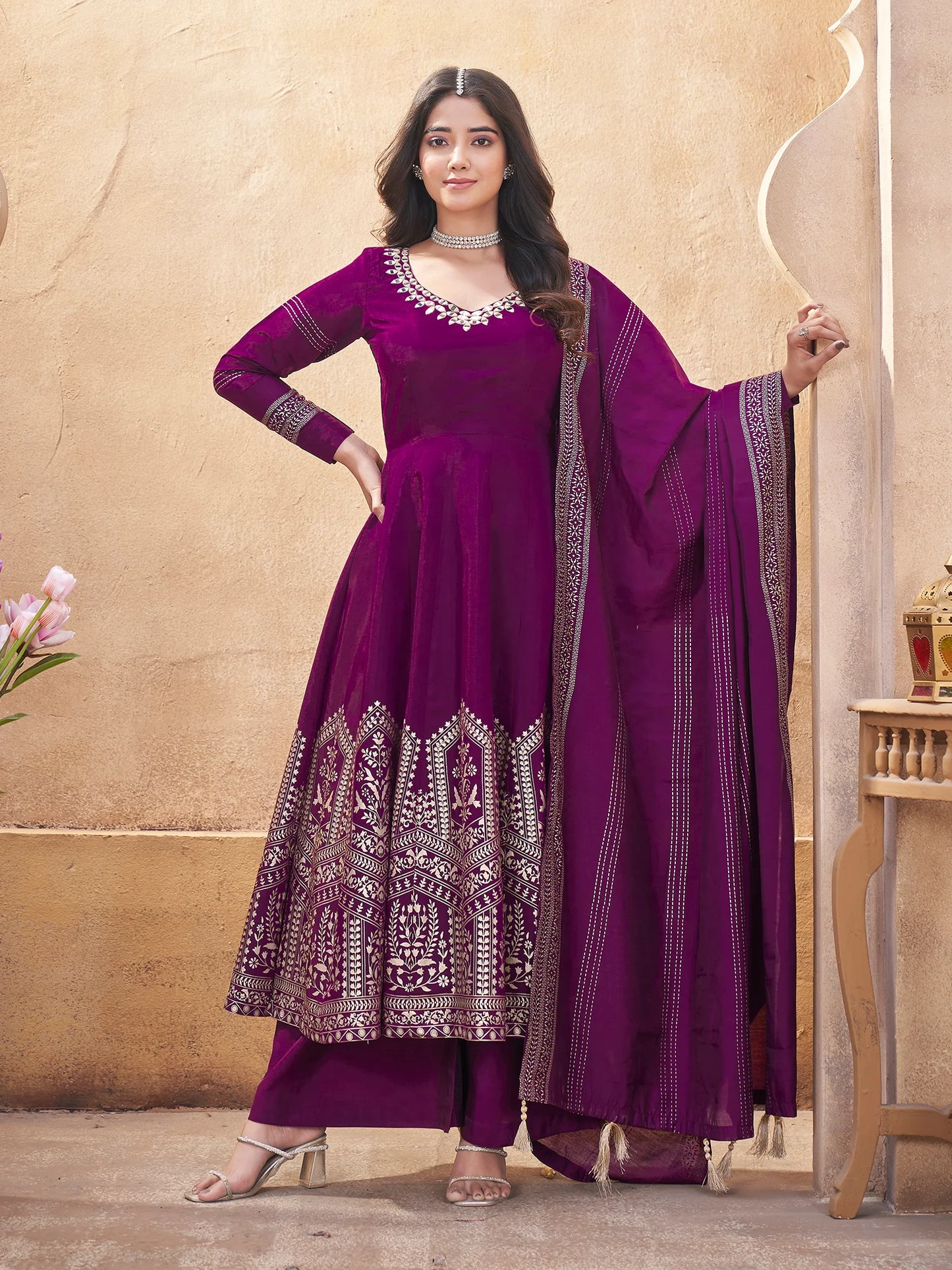 Stylish Purple Roman Silk Suit Set with Dupatta