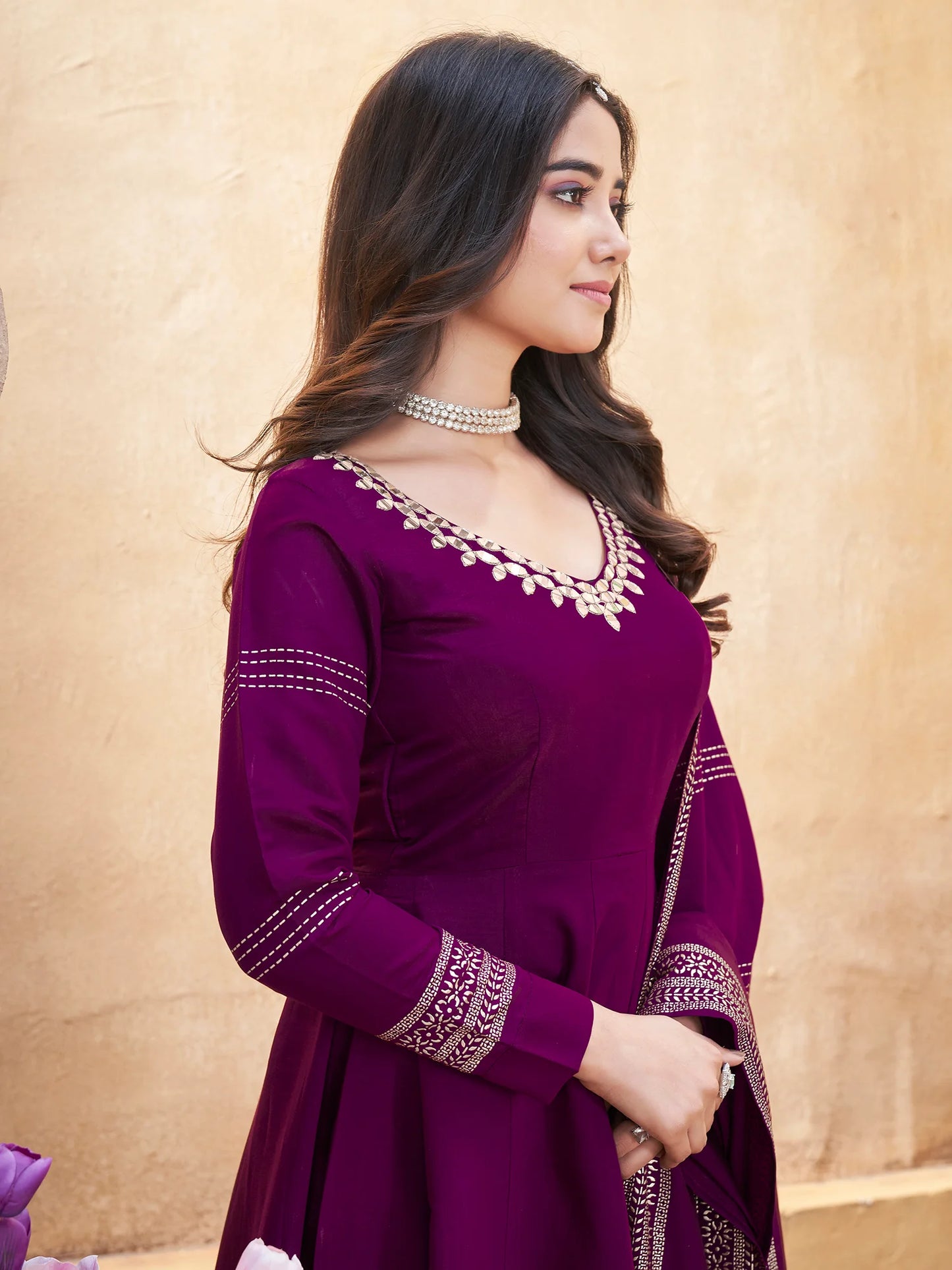 Stylish Purple Roman Silk Suit Set with Dupatta