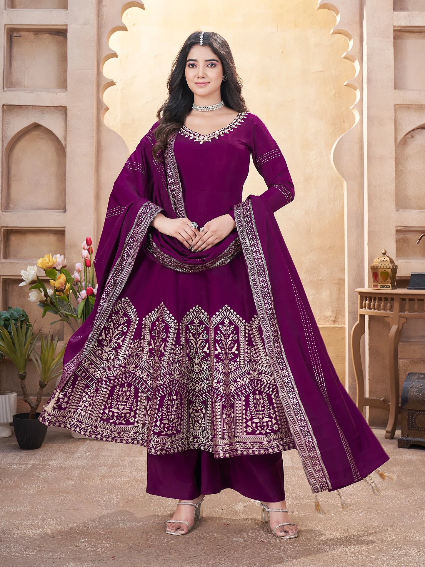 Stylish Purple Roman Silk Suit Set with Dupatta