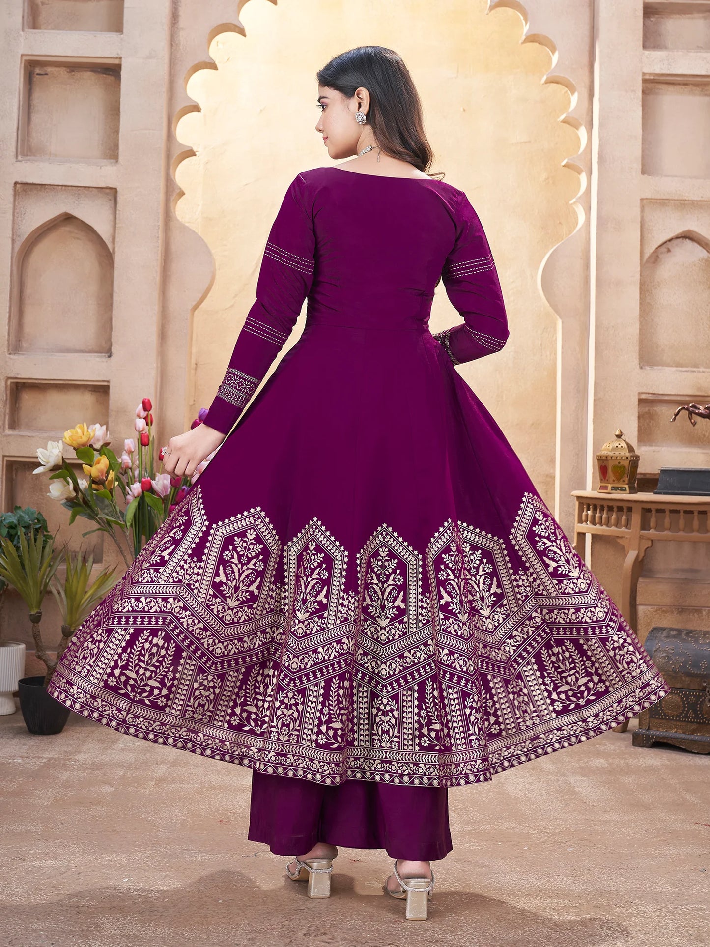 Stylish Purple Roman Silk Suit Set with Dupatta