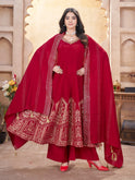 Stylish Red Suit Set in Roman Silk with Dupatta