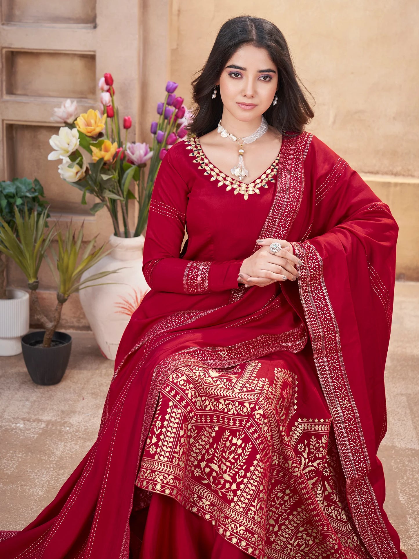 Stylish Red Suit Set in Roman Silk with Dupatta