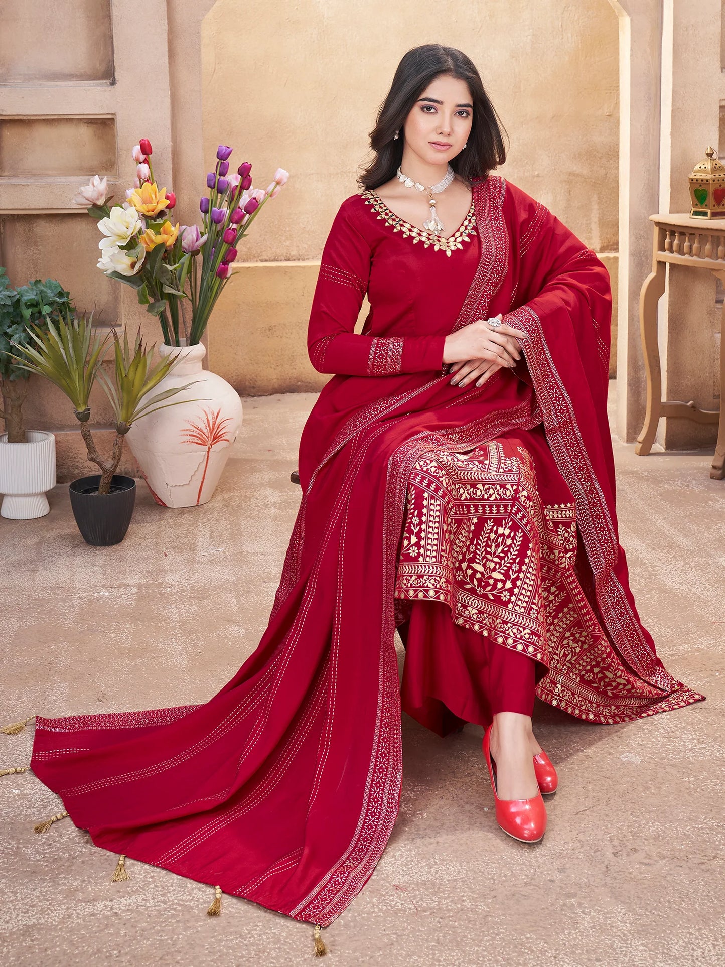 Stylish Red Suit Set in Roman Silk with Dupatta