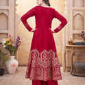 Stylish Red Suit Set in Roman Silk with Dupatta