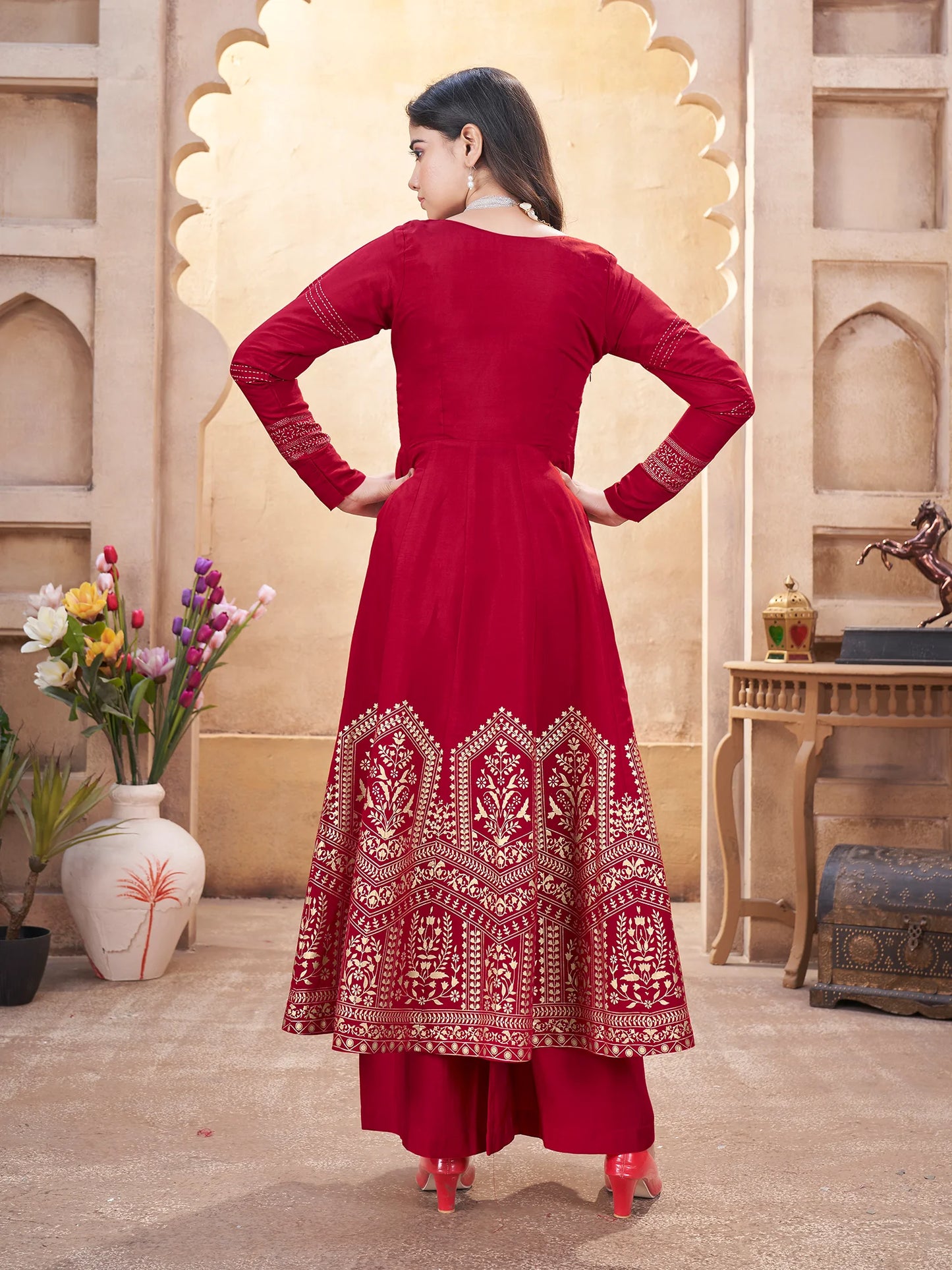 Stylish Red Suit Set in Roman Silk with Dupatta