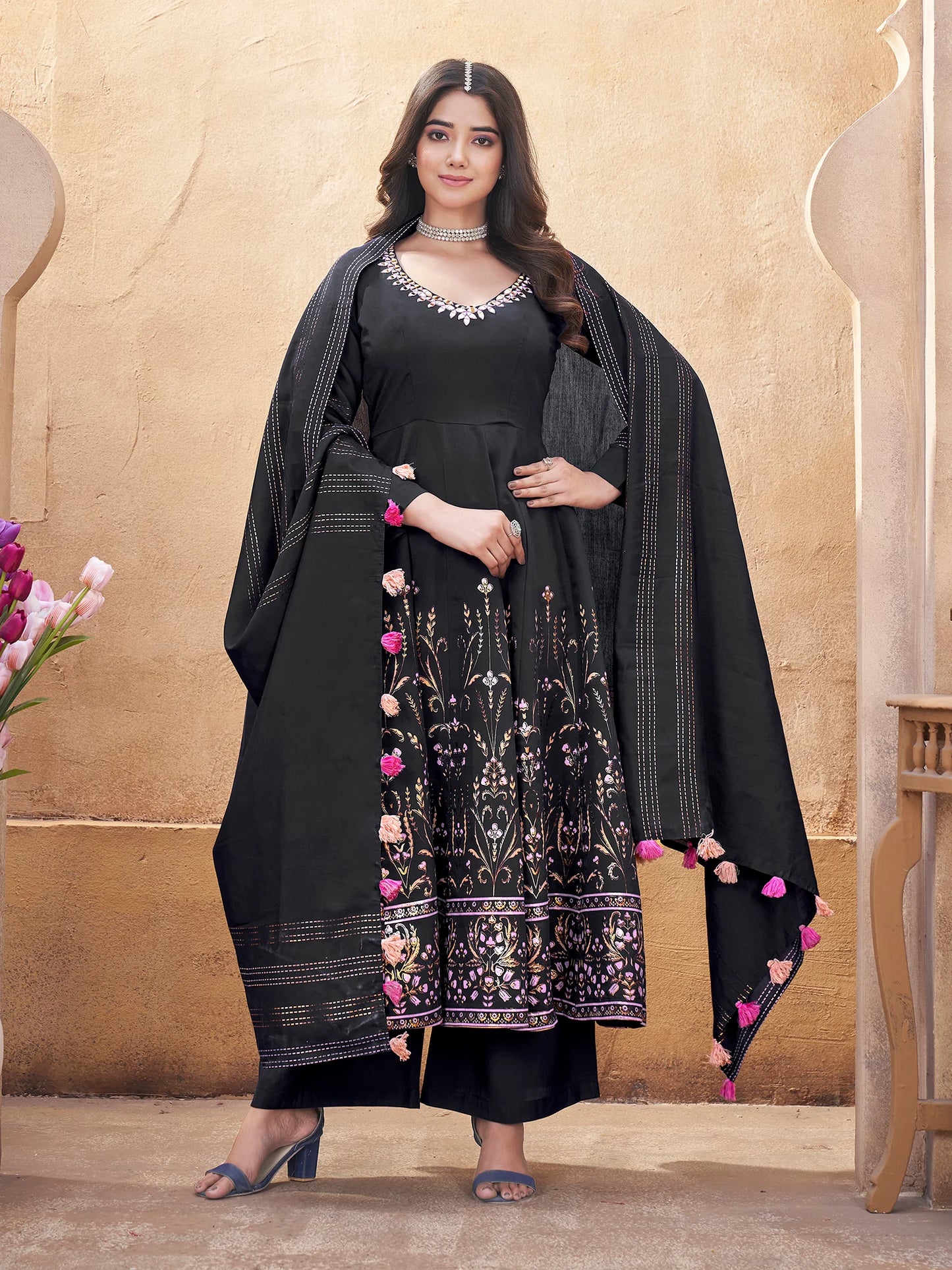 Stylish Black Suit Set in Roman Silk Material
