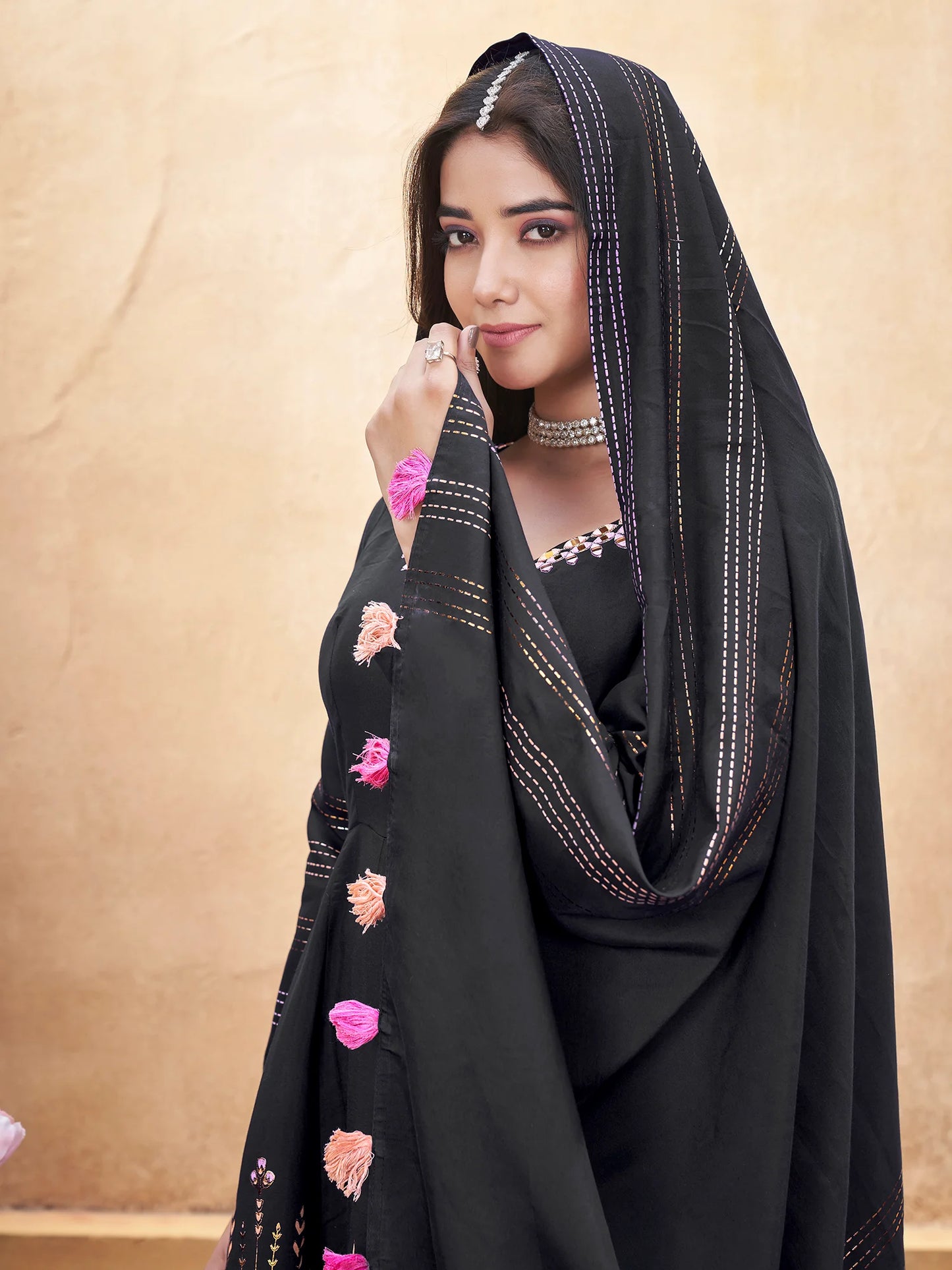 Stylish Black Suit Set in Roman Silk Material
