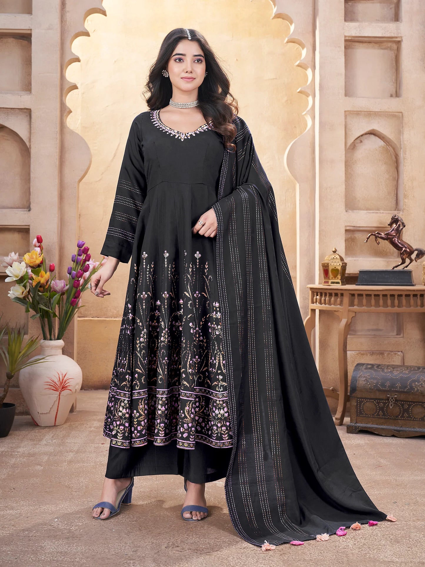Stylish Black Suit Set in Roman Silk Material
