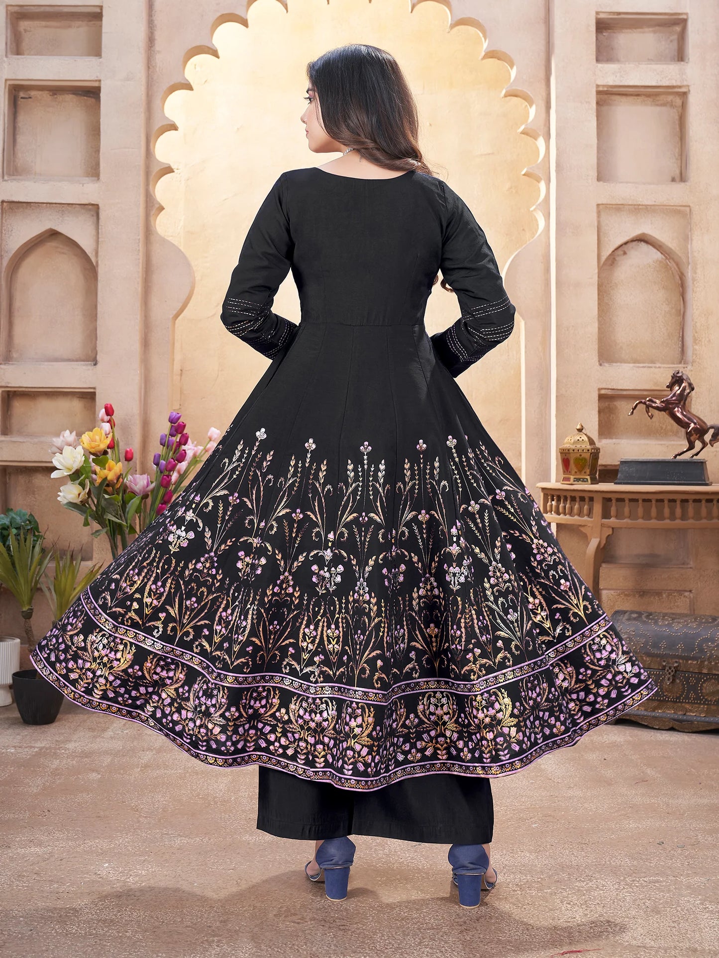 Stylish Black Suit Set in Roman Silk Material