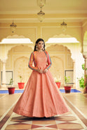 Festive Peach Gown with Shibori Print Embroidery