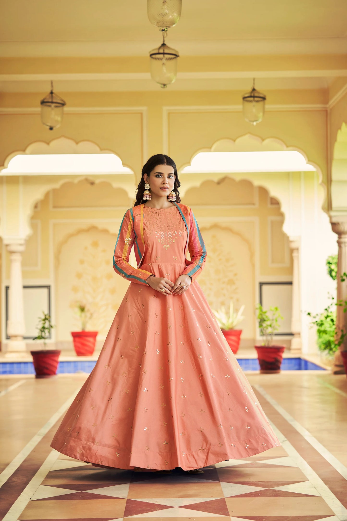 Festive Peach Gown with Shibori Print Embroidery