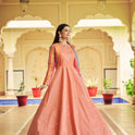 Festive Peach Gown with Shibori Print Embroidery
