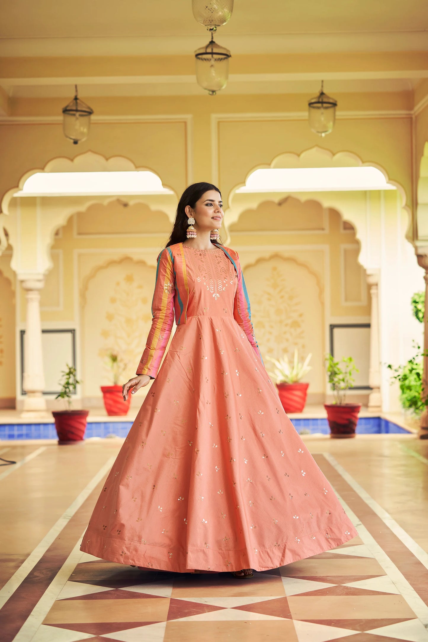 Festive Peach Gown with Shibori Print Embroidery