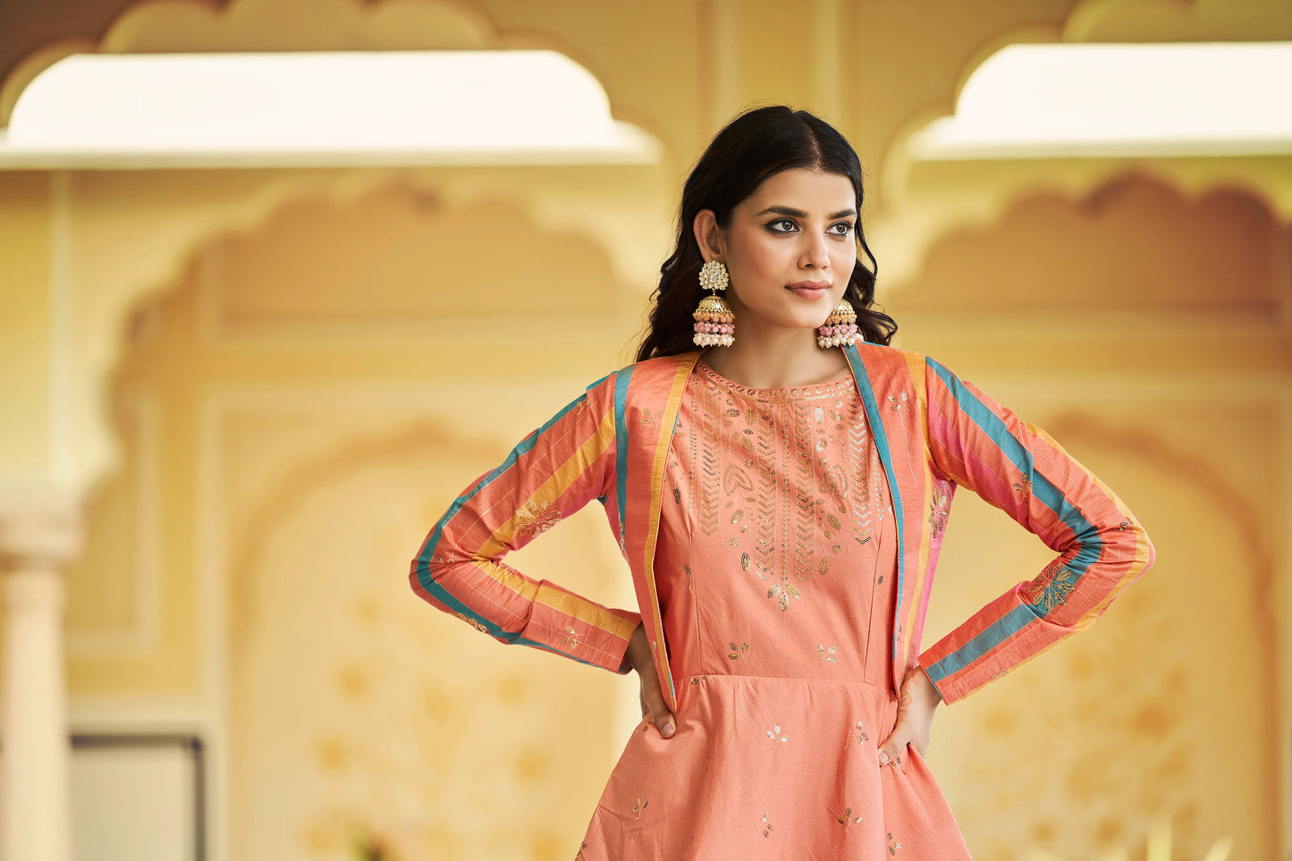 Festive Peach Gown with Shibori Print Embroidery