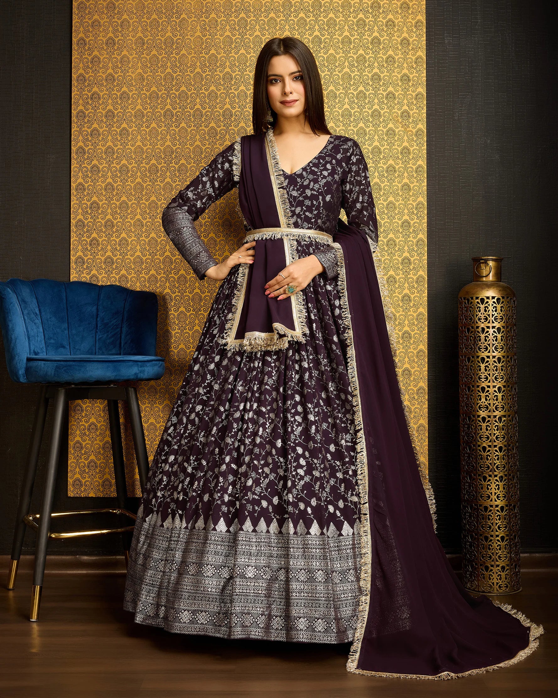 Purple Gown with Embroidered Dupatta
