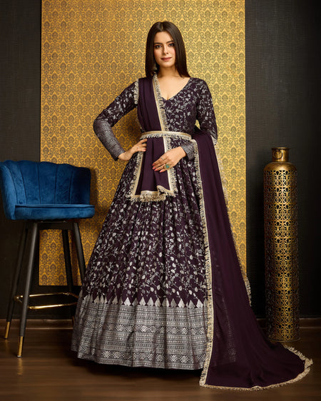 Purple Gown with Embroidered Dupatta