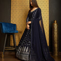 Gorgeous Navy Blue Gown with Thread Sequence Work Dupatta