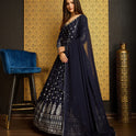 Gorgeous Navy Blue Gown with Thread Sequence Work Dupatta