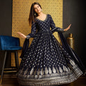 Gorgeous Navy Blue Gown with Thread Sequence Work Dupatta
