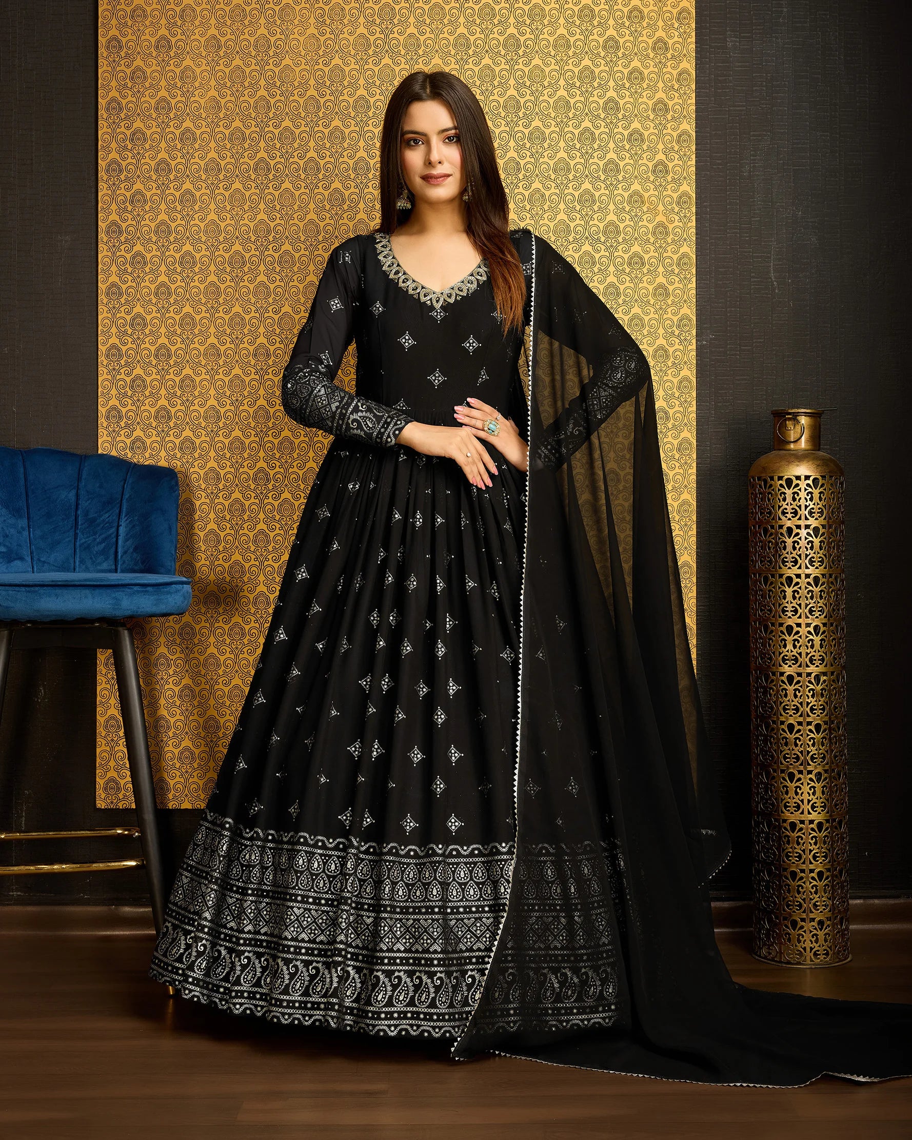 Black Embroidered Dupatta Gown